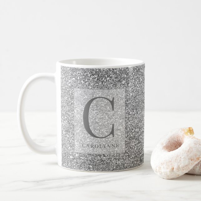 Taza De Café Monograma Purpurina de plata de Moda personalizada (Con donut)