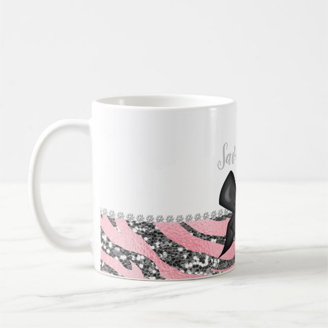 Taza De Café Monograma Purpurina de plata rosa Rosa glamuroso (Izquierda)