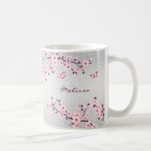 Taza De Café Monograma Purpurina plateado con flores de cerezo