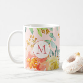 Taza De Café Monograma Purpurina Rubor Floral Rosa Eucalyptus