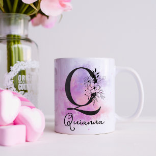 Taza De Café Monograma Q Floral Rosa Púrpura Negra Letra