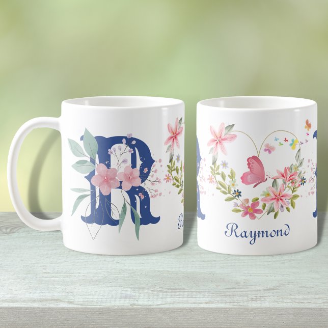 Taza De Café Monograma R de Mariposa Floral en Acuarela Elegant (Subido por el creador)