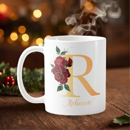 Taza De Café Monograma R dorado nombre personalizado rosas roja