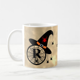Taza De Café Monograma R Halloween Sky Witch Spider Name