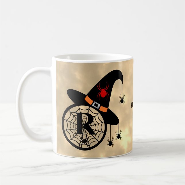 Taza De Café Monograma R Halloween Sky Witch Spider Name (Izquierda)