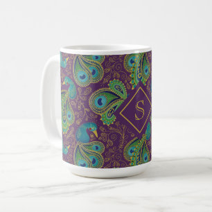 Taza De Café Monograma Real Púrpura de Paisley de Pavo Real