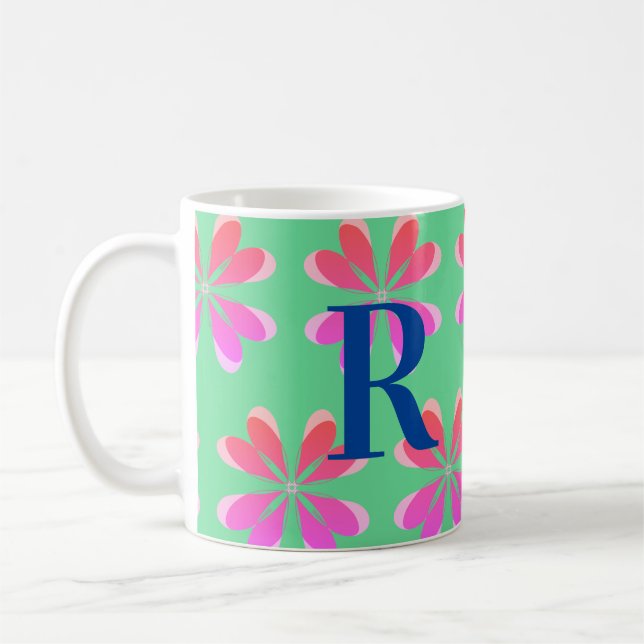 Taza De Café Monograma retro floral rosa (Izquierda)