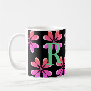 Taza De Café Monograma retro floral rosa negro personalizado