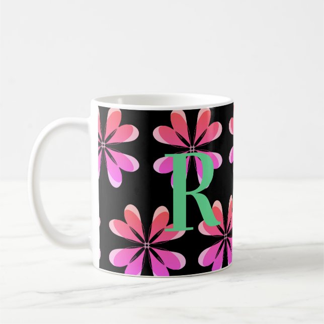 Taza De Café Monograma retro floral rosa negro personalizado (Izquierda)