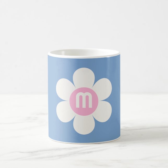 Taza De Café Monograma Retro Flower Power Margarita rosa y azul (Centro)