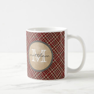 Taza De Café Monograma rojo del fondo de la tela escocesa