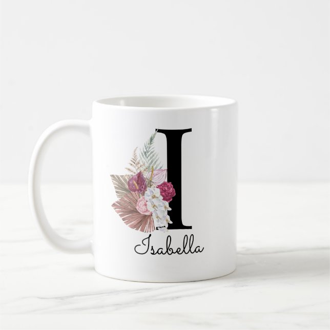 Taza De Café Monograma Rosa Boho Femenina Floral Inicial I (Izquierda)