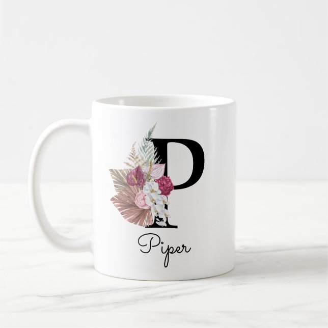 Taza De Café Monograma Rosa Boho Femenina Floral Inicial P (Izquierda)