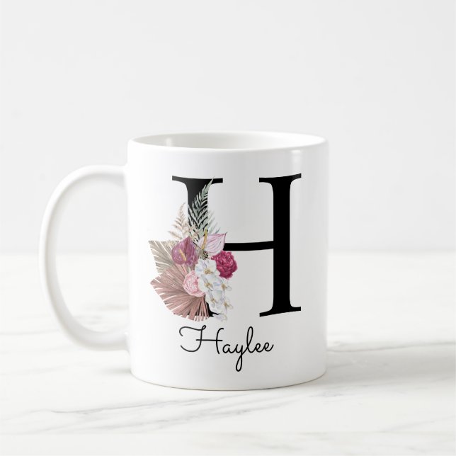 Taza De Café Monograma Rosa Boho Femenino Floral Inicial H (Izquierda)