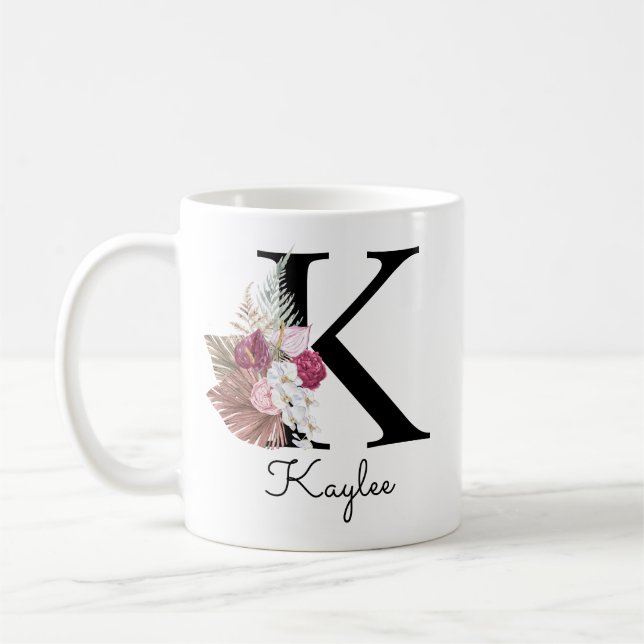 Taza De Café Monograma Rosa Boho Femenino Floral Inicial K (Izquierda)