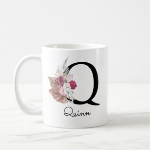Taza De Café Monograma Rosa Boho Femenino Floral Inicial Q