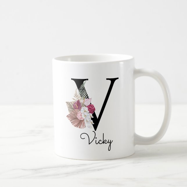 Taza De Café Monograma Rosa Boho Floral Femenina Inicial V (Derecha)