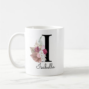 Taza De Café Monograma Rosa Boho Floral Femenino Inicial I