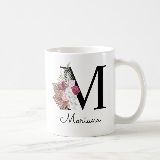 Taza De Café Monograma Rosa Boho Floral Inicial M (Derecha)