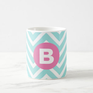Taza De Café Monograma Rosa Chevron Azul Claro de Moda