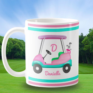 Taza De Café Monograma Rosa Cuero Golf Cart Elegante Nombre