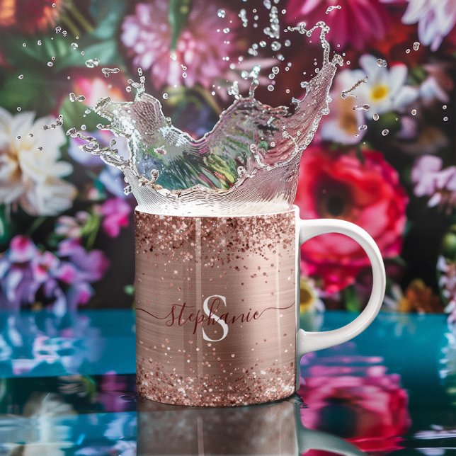 Taza De Café Monograma Rosa Faux-Purpurina Girly Glam (Monogram Rose Gold Glitter Girly Glam Coffee Mug)