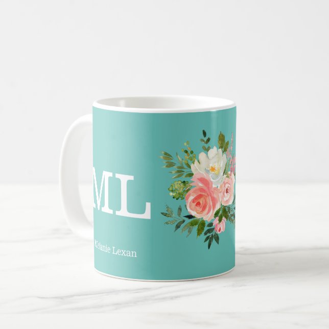 Taza De Café Monograma rosa floral y Verde azulado  (Anverso izquierdo)
