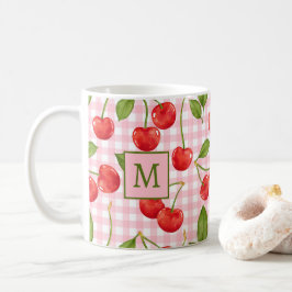 Taza De Café Monograma Rosa Gingham & Cherries Mug