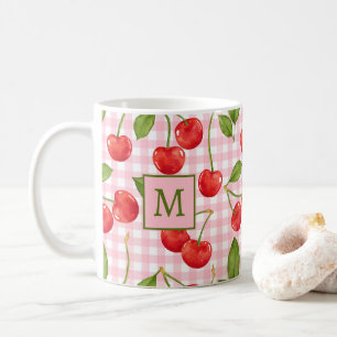 Taza De Café Monograma Rosa Gingham & Cherries Mug