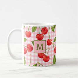 Taza De Café Monograma Rosa Gingham & Cherries Mug