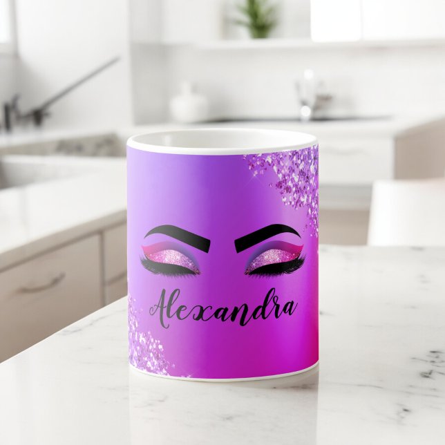 Taza De Café Monograma rosa morado Purpurina Eyelashes modernos (Subido por el creador)