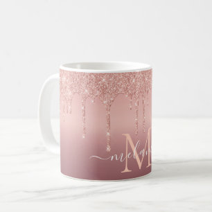 Taza De Café Monograma Rosa Oro Purpurina Rubor Café Mug