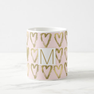 Taza De Café Monograma rosa y corazón dorado