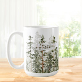 Taza De Café Monograma Rústico Bosque Verde Acuarela