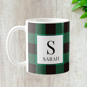 Taza De Café Monograma rústico búfalo verde y negro a cuadros c