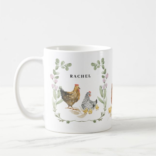 Taza De Café Monograma Rústico Floral Cute de pollo Mug (Izquierda)