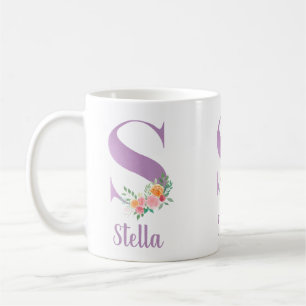 Taza De Café Monograma S Floral Morado Acuarela Personalizado
