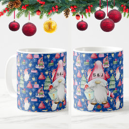Taza De Café Monograma Santa Gnome para Navidades Patrón azul