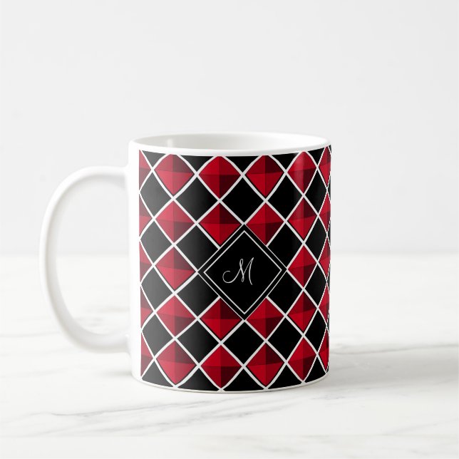 Taza De Café Monograma sobre el patrón de diamante rojo negro (Izquierda)