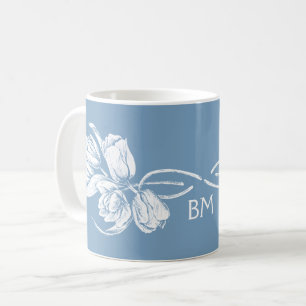 Taza De Café Monograma tulipanes blancos sobre azul oscuro