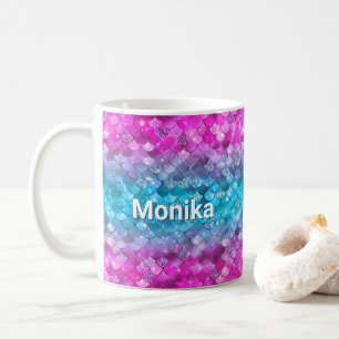 Taza De Café Monograma turquesa morado Purpurinoso de la sirena