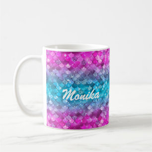 Taza De Café Monograma turquesa morado Purpurinoso de la sirena