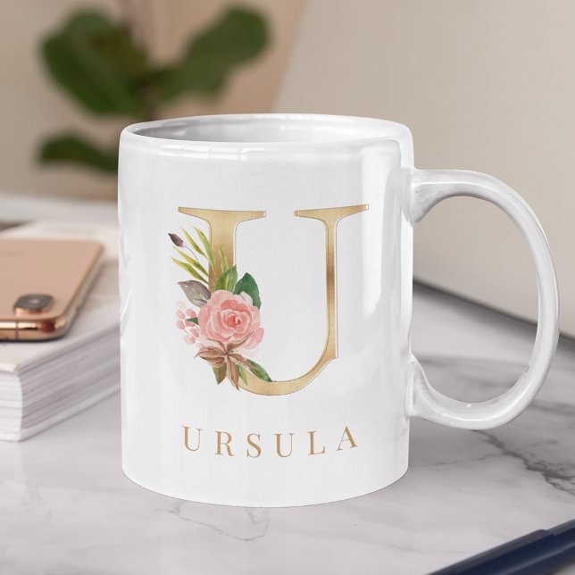 Taza De Café Monograma U de acuarela Floral y Gold Letter (Subido por el creador)