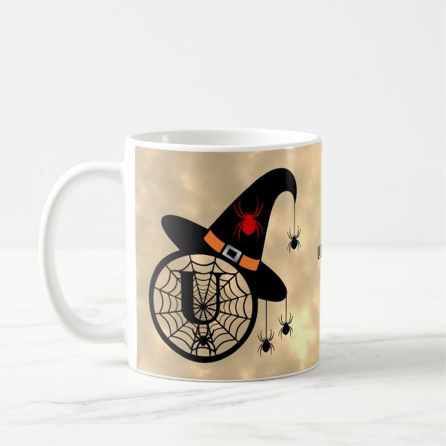 Taza De Café Monograma U Halloween Sky Witch Spider Name (Izquierda)