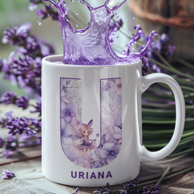 Taza De Café Monograma U personalizado de Lilac Fairy (Personalized Lilac Fairy Monogram U Coffee Mug)