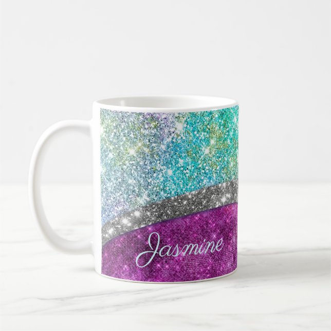 Taza De Café Monograma verde azulado de imitación violeta iridi (Izquierda)