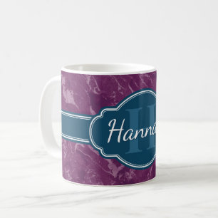Taza De Café Monograma Verde azulado del patrón de mármol púrpu
