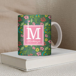 Taza De Café Monograma verde de flores de bohemio de la selva