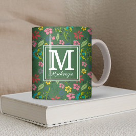 Taza De Café Monograma verde de las flores de bohemia gitana