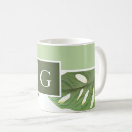 Taza De Café Monograma verde hoja de Monstera